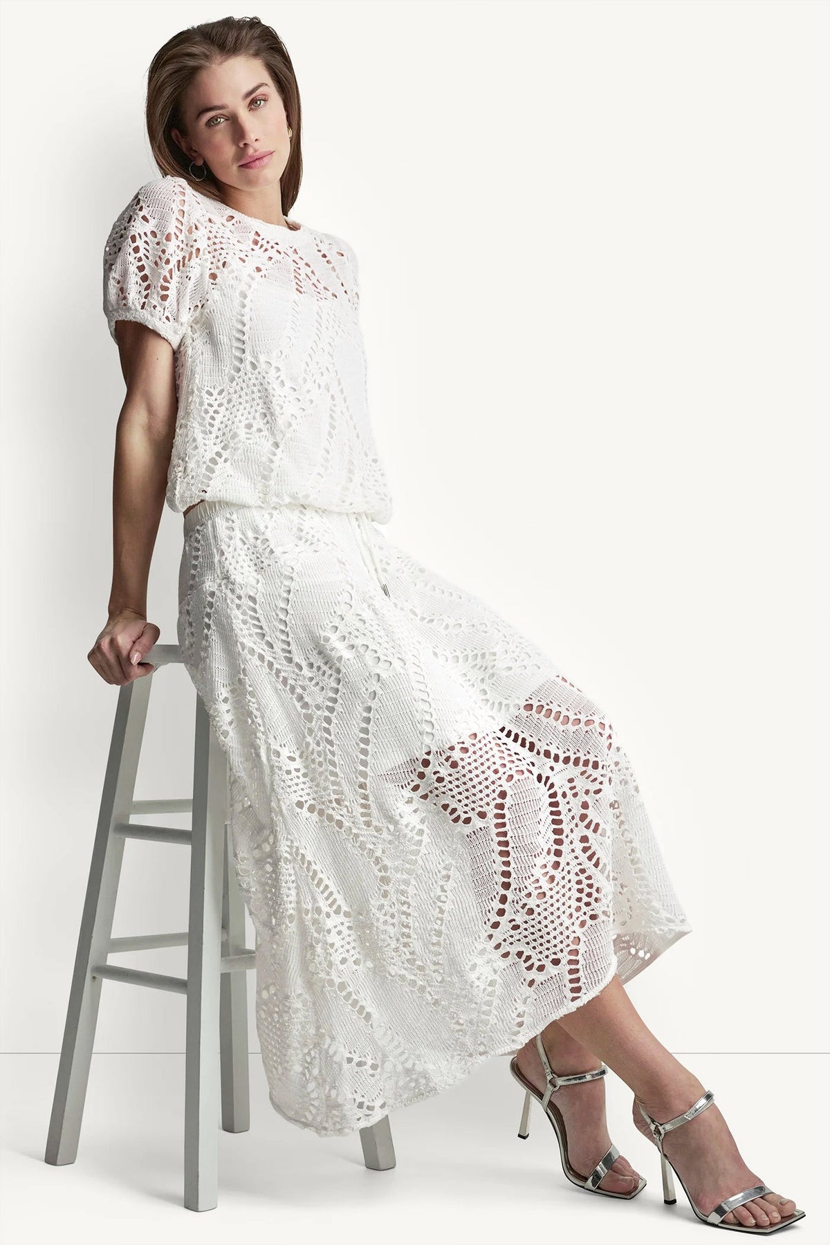 Ivory DKNY COTTON-BLEND CROCHET LEAF MIDI SKIRT