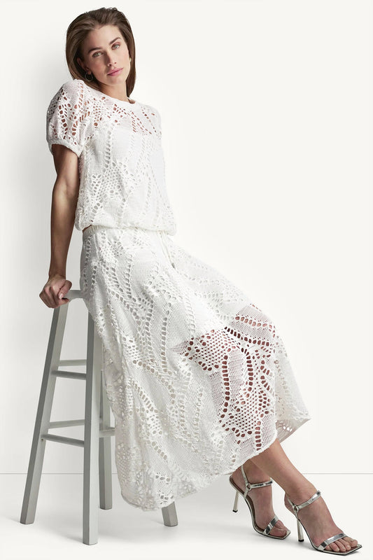 Ivory DKNY COTTON-BLEND CROCHET LEAF MIDI SKIRT