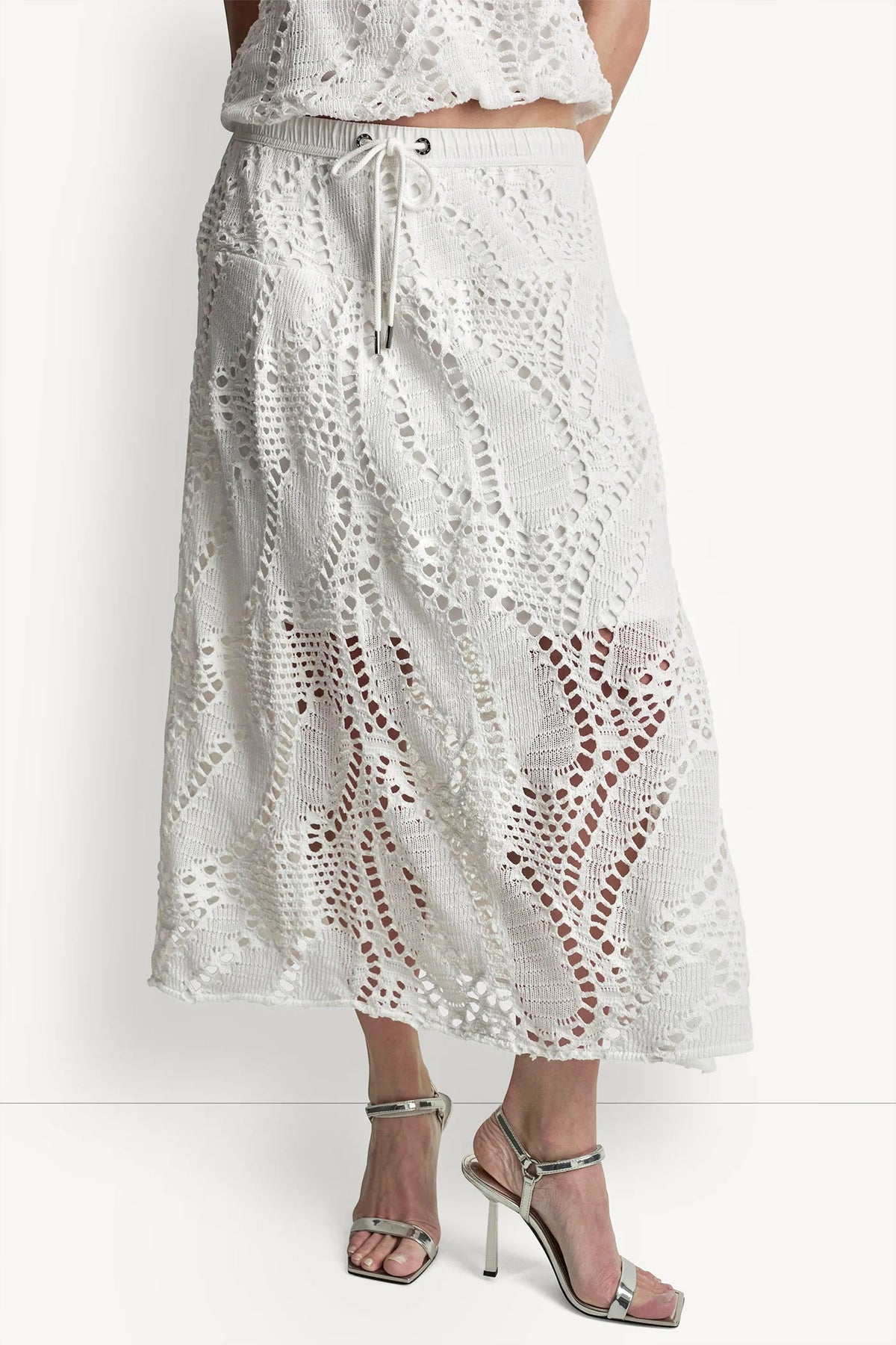 Ivory DKNY COTTON-BLEND CROCHET LEAF MIDI SKIRT