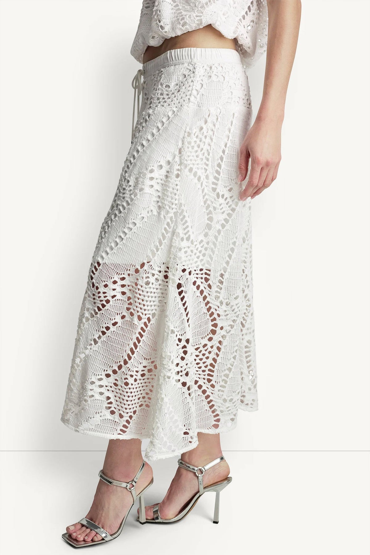 Ivory DKNY COTTON-BLEND CROCHET LEAF MIDI SKIRT