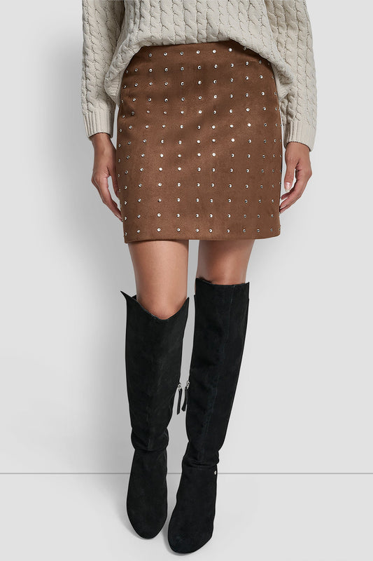 BURNT SUGAR FAUX SUEDE DKNY EMBELLISHED FAUX SUEDE MINI SKIRT