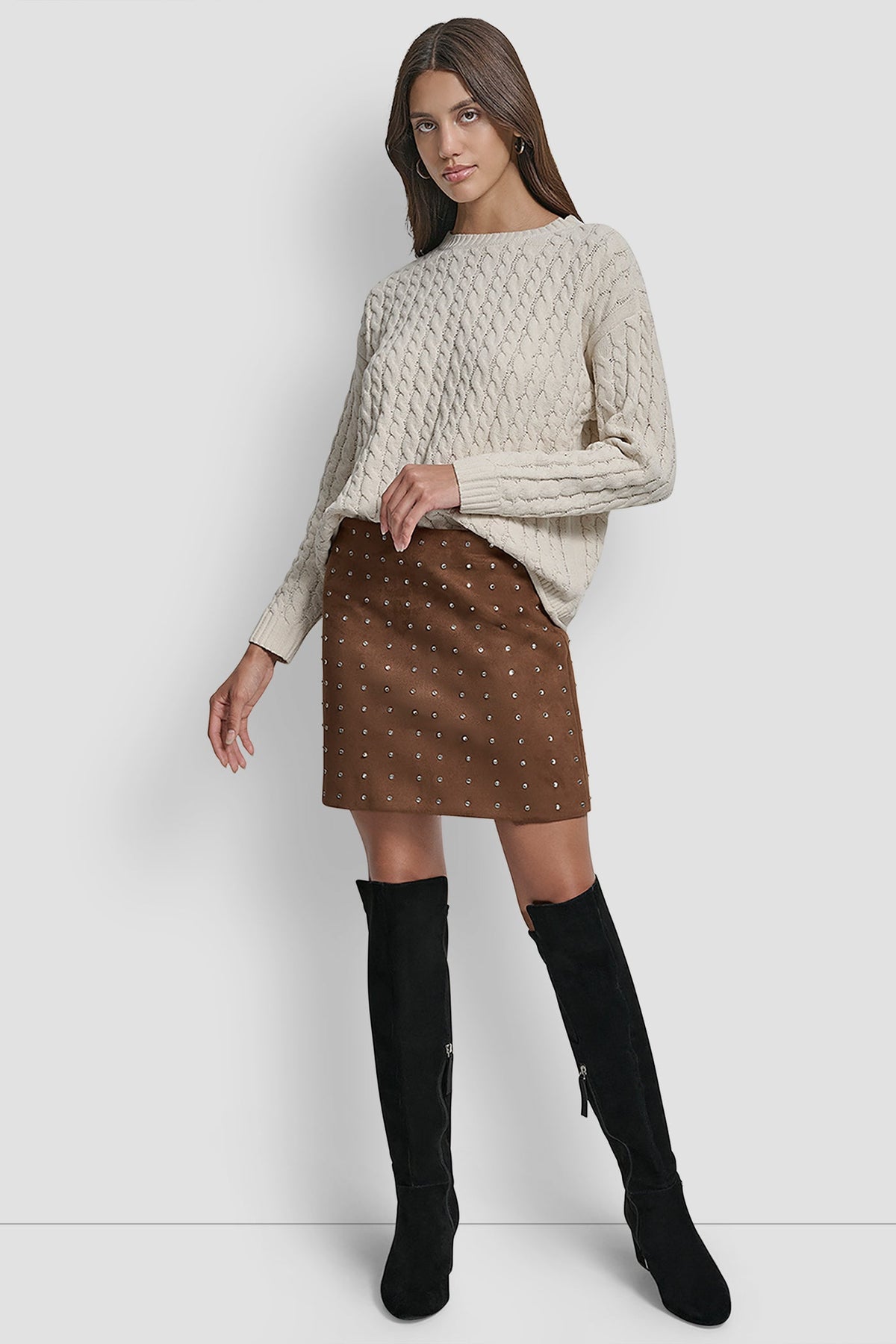BURNT SUGAR FAUX SUEDE DKNY EMBELLISHED FAUX SUEDE MINI SKIRT
