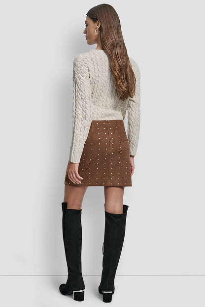 BURNT SUGAR FAUX SUEDE DKNY EMBELLISHED FAUX SUEDE MINI SKIRT