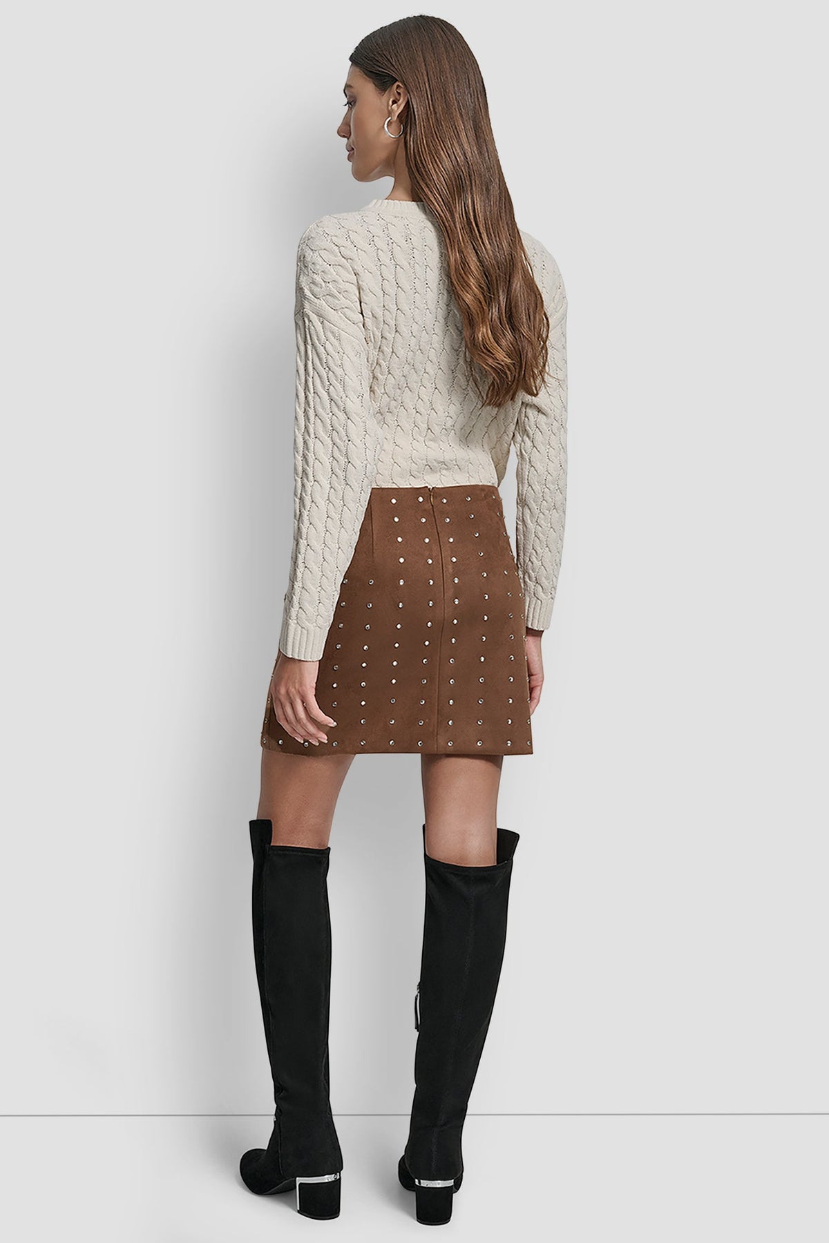 BURNT SUGAR FAUX SUEDE DKNY EMBELLISHED FAUX SUEDE MINI SKIRT