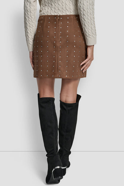 BURNT SUGAR FAUX SUEDE DKNY EMBELLISHED FAUX SUEDE MINI SKIRT