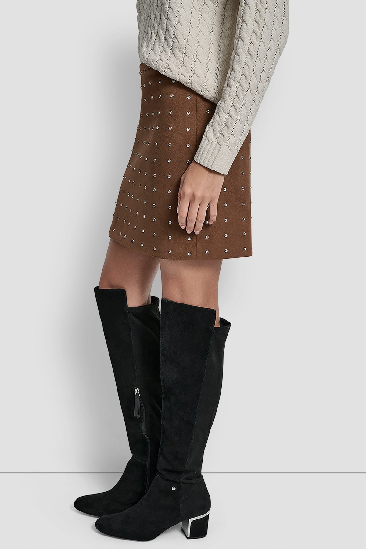 BURNT SUGAR FAUX SUEDE DKNY EMBELLISHED FAUX SUEDE MINI SKIRT
