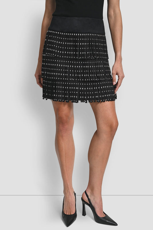 Black DKNY FAUX SUEDE STUDDED FRINGE MINI SKIRT