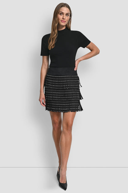 Black DKNY FAUX SUEDE STUDDED FRINGE MINI SKIRT