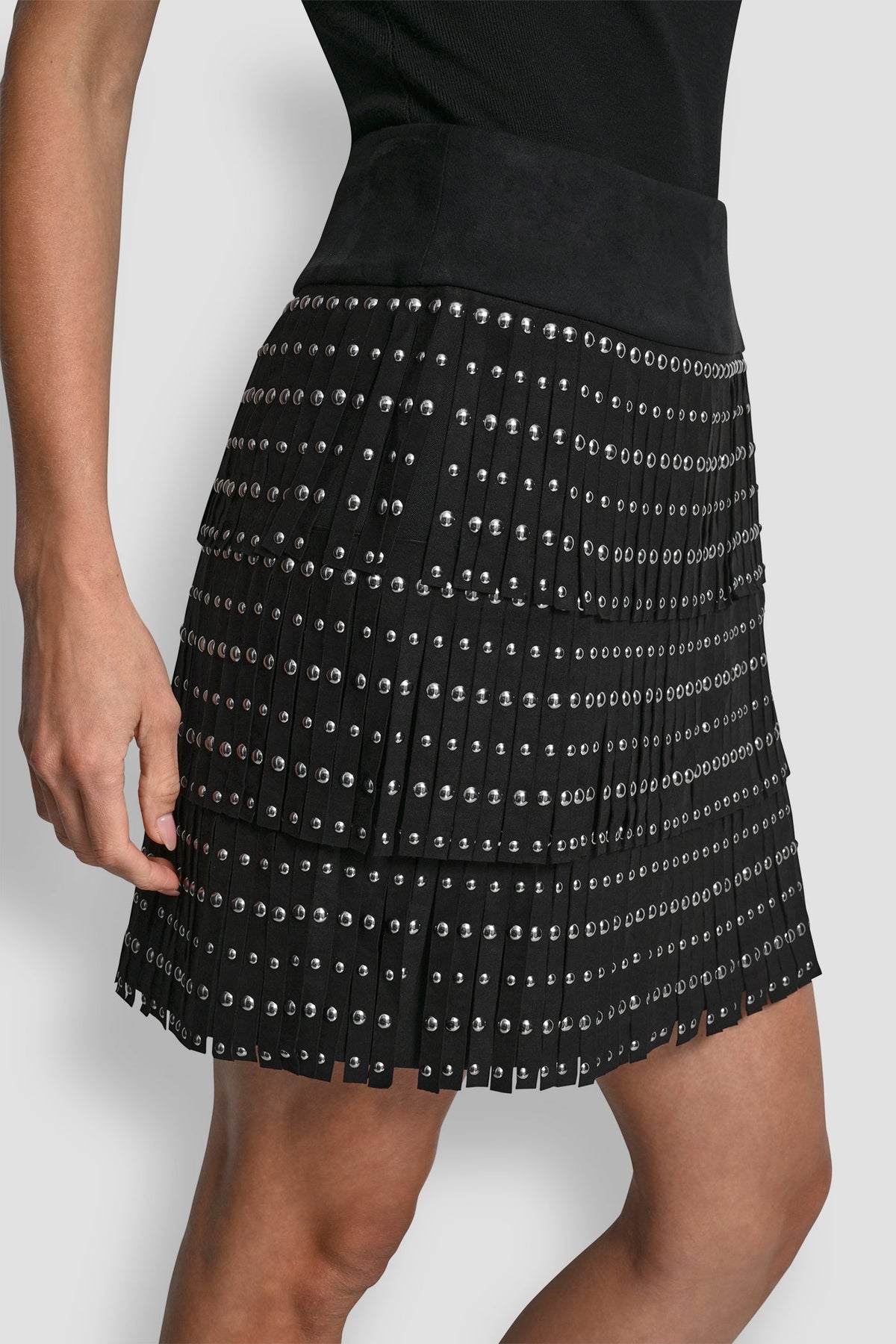 Black DKNY FAUX SUEDE STUDDED FRINGE MINI SKIRT