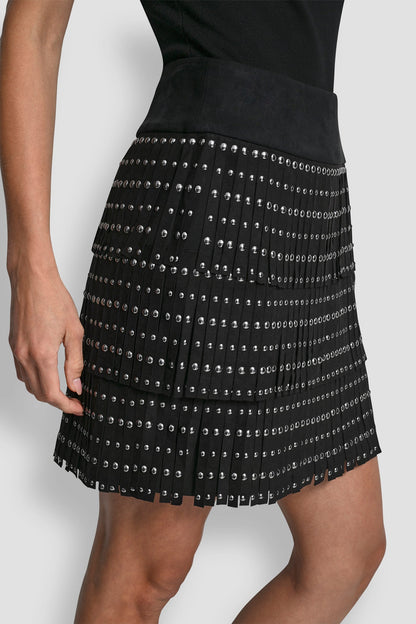 Black DKNY FAUX SUEDE STUDDED FRINGE MINI SKIRT