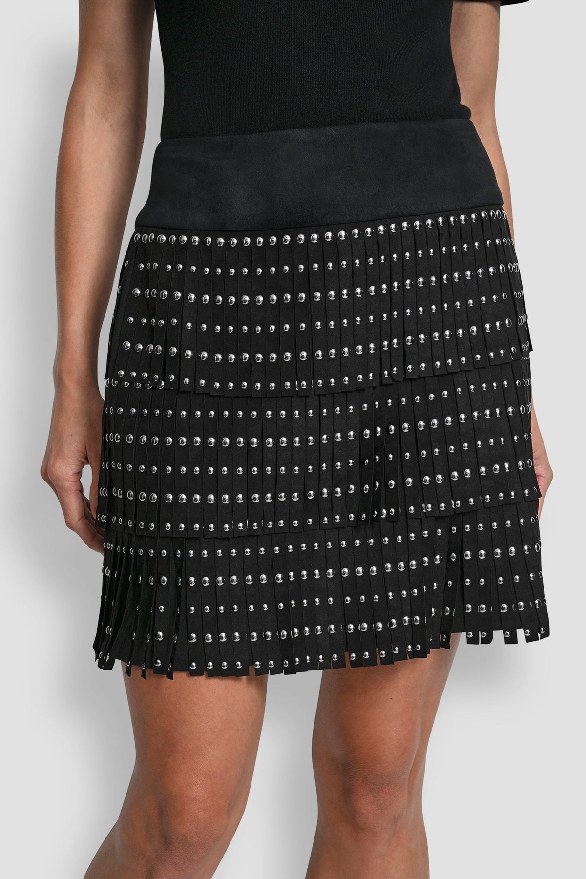 Black DKNY FAUX SUEDE STUDDED FRINGE MINI SKIRT