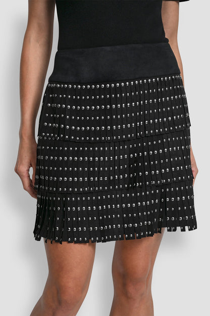 Black DKNY FAUX SUEDE STUDDED FRINGE MINI SKIRT