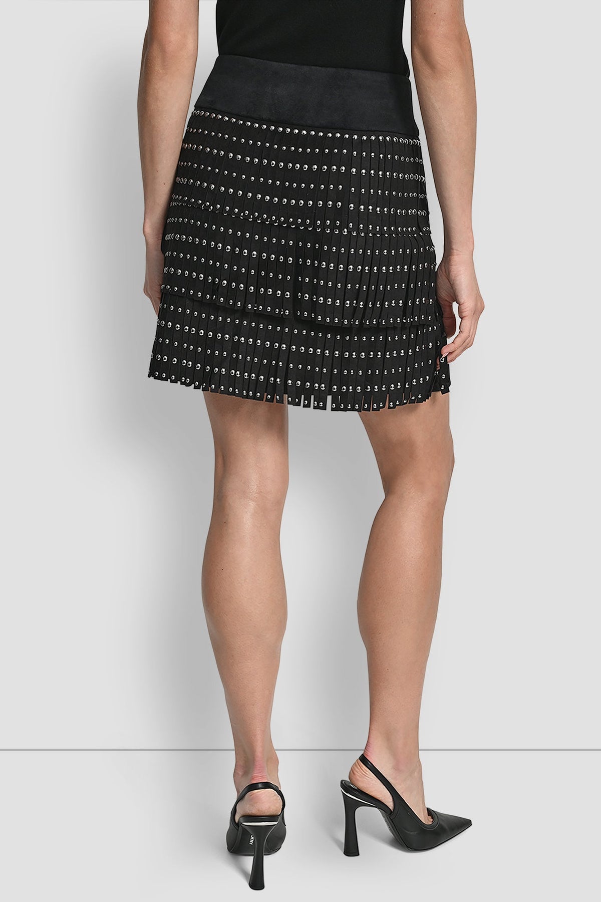 Black DKNY FAUX SUEDE STUDDED FRINGE MINI SKIRT