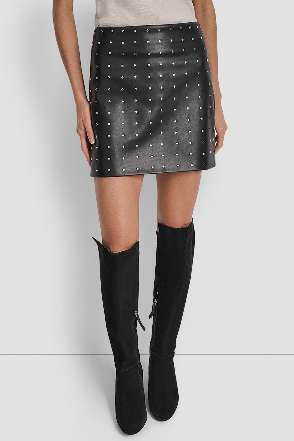 BLACK FAUX LEATHER DKNY EMBELLISHED FAUX LEATHER SKIRT
