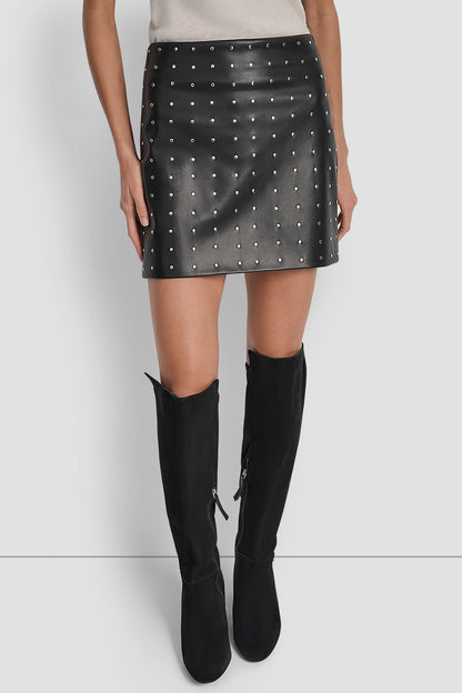 BLACK FAUX LEATHER DKNY EMBELLISHED FAUX LEATHER SKIRT
