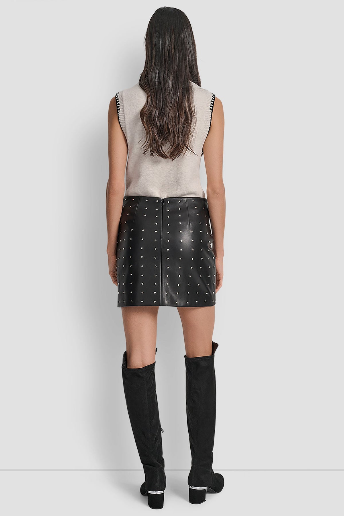 BLACK FAUX LEATHER DKNY EMBELLISHED FAUX LEATHER SKIRT