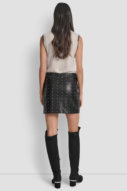 BLACK FAUX LEATHER DKNY EMBELLISHED FAUX LEATHER SKIRT