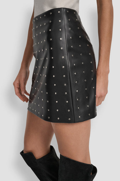 BLACK FAUX LEATHER DKNY EMBELLISHED FAUX LEATHER SKIRT