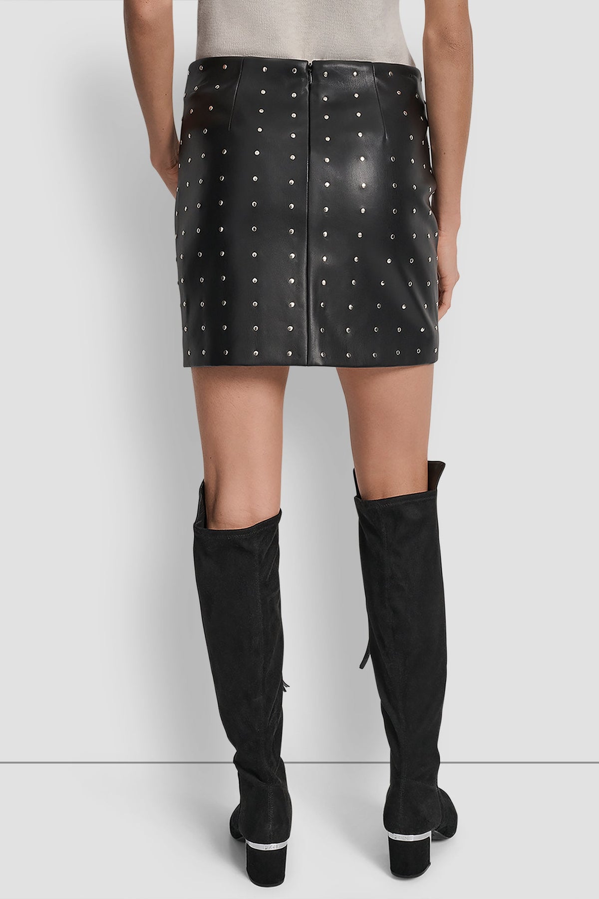 BLACK FAUX LEATHER DKNY EMBELLISHED FAUX LEATHER SKIRT