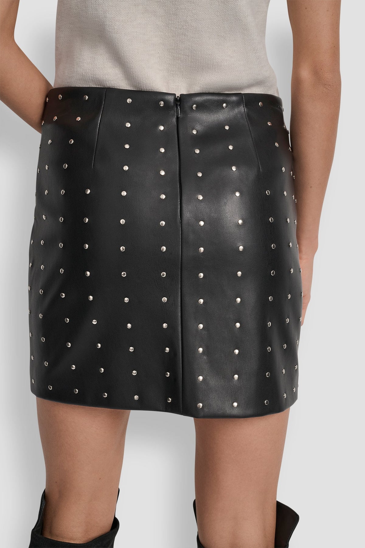 BLACK FAUX LEATHER DKNY EMBELLISHED FAUX LEATHER SKIRT