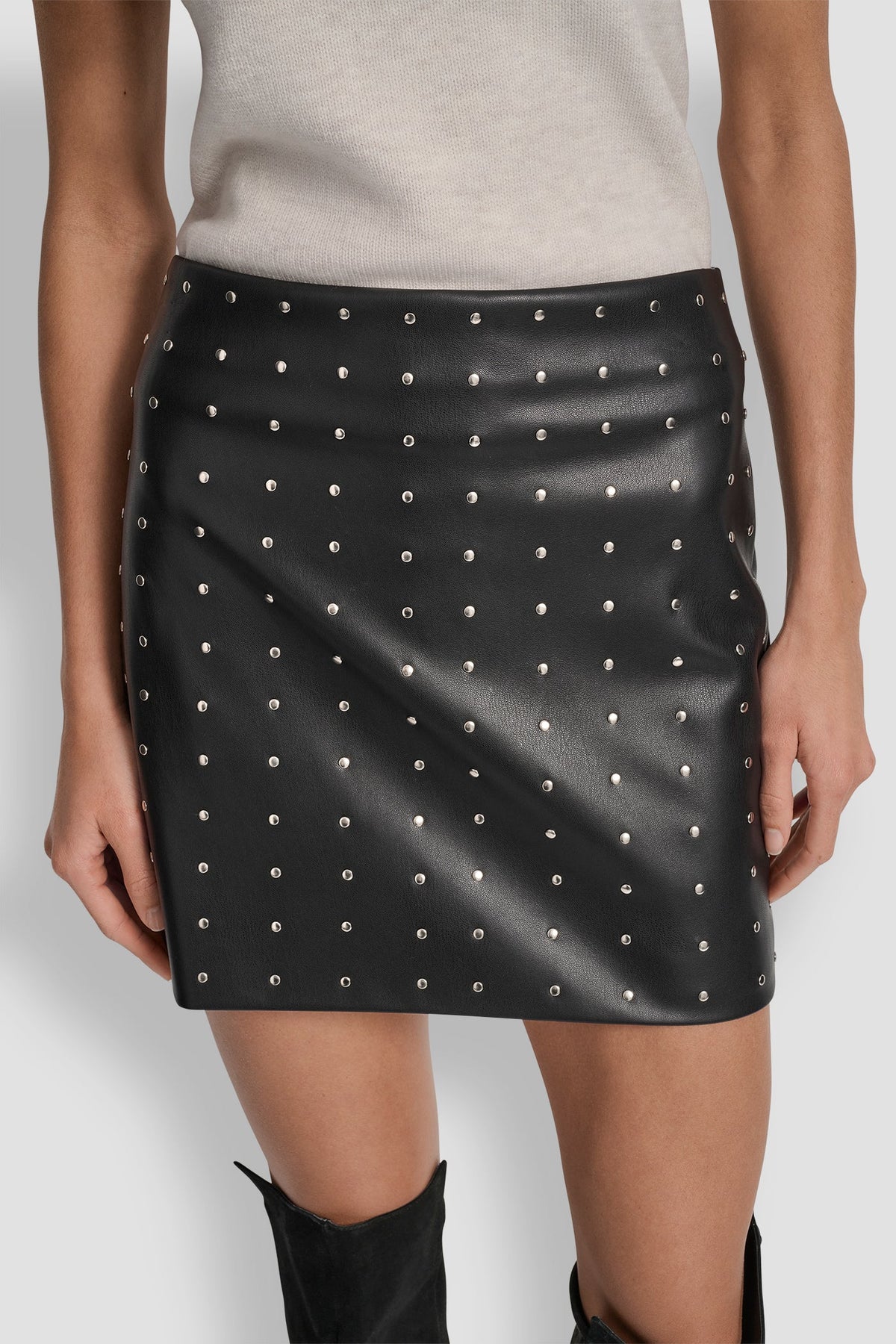 BLACK FAUX LEATHER DKNY EMBELLISHED FAUX LEATHER SKIRT