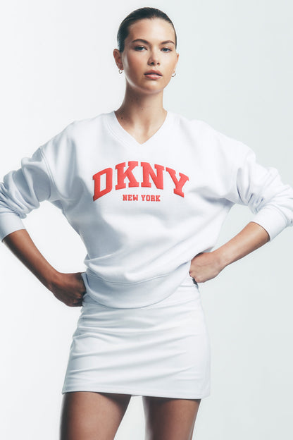 White/Punch DKNY PUFF VARSITY LOGO V-NECK PULLOVER