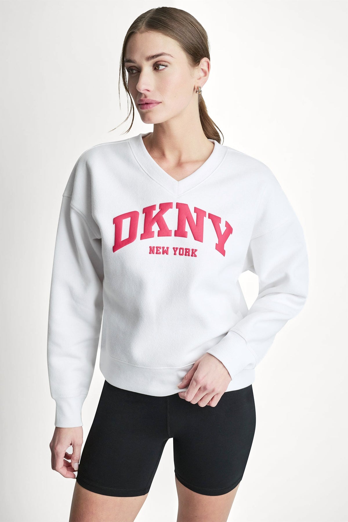 White/Punch DKNY PUFF VARSITY LOGO V-NECK PULLOVER