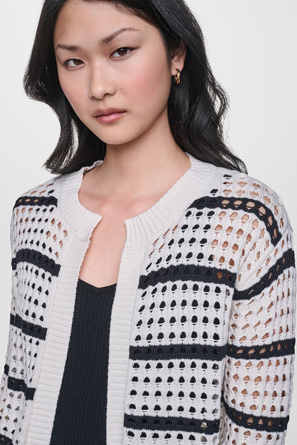 Travertine/Black DKNY OPEN STITCH STRIPE CARDIGAN