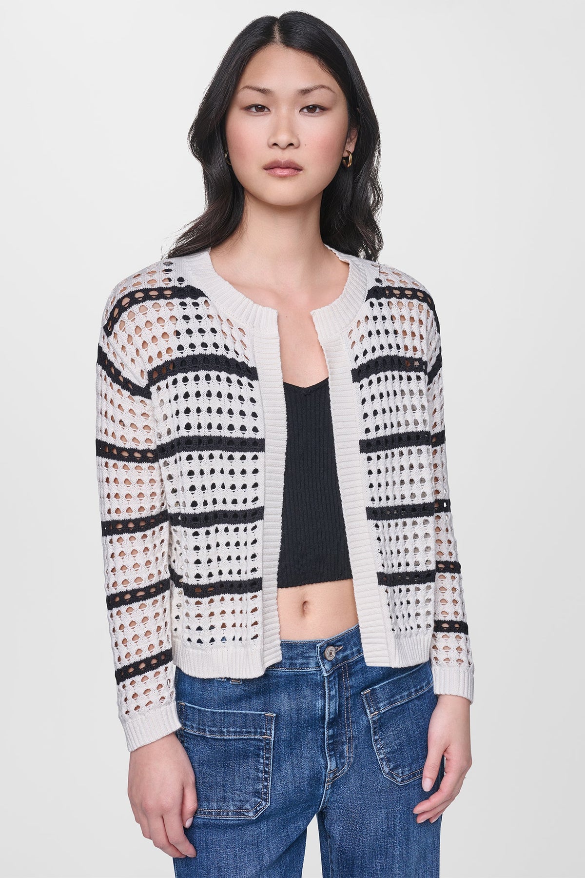 Travertine/Black DKNY OPEN STITCH STRIPE CARDIGAN