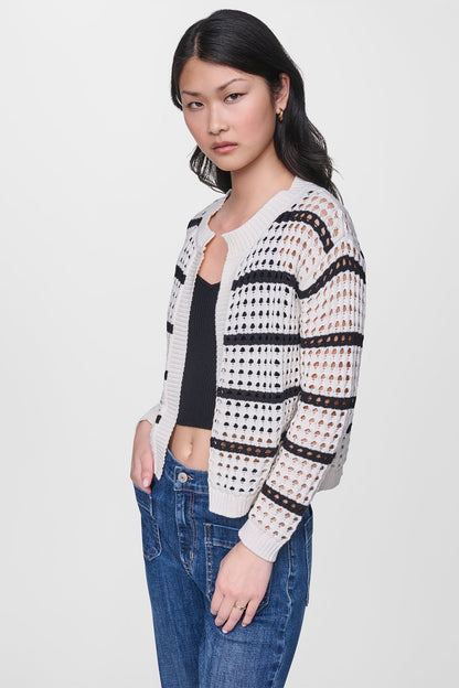 Travertine/Black DKNY OPEN STITCH STRIPE CARDIGAN