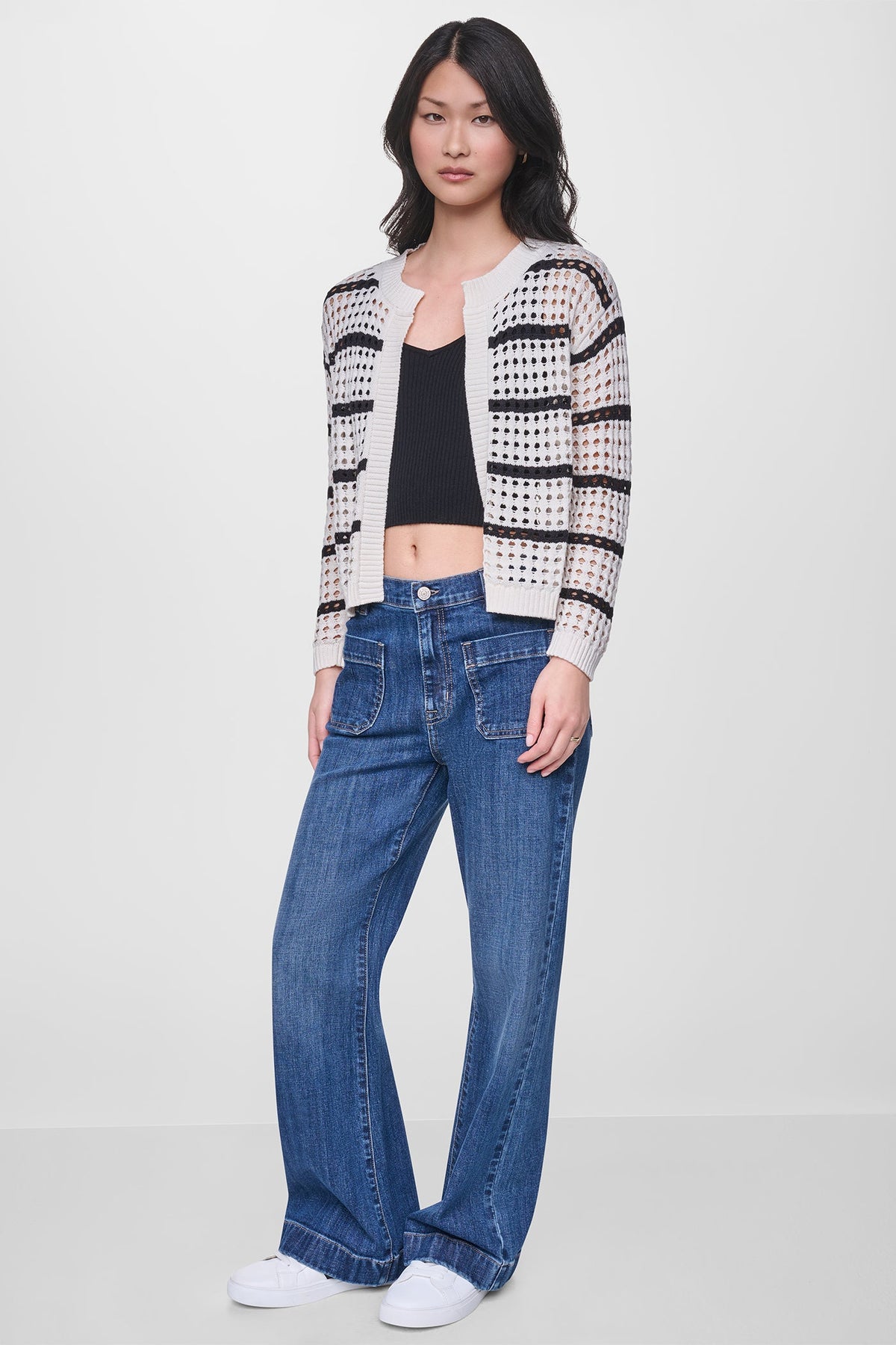 Travertine/Black DKNY OPEN STITCH STRIPE CARDIGAN
