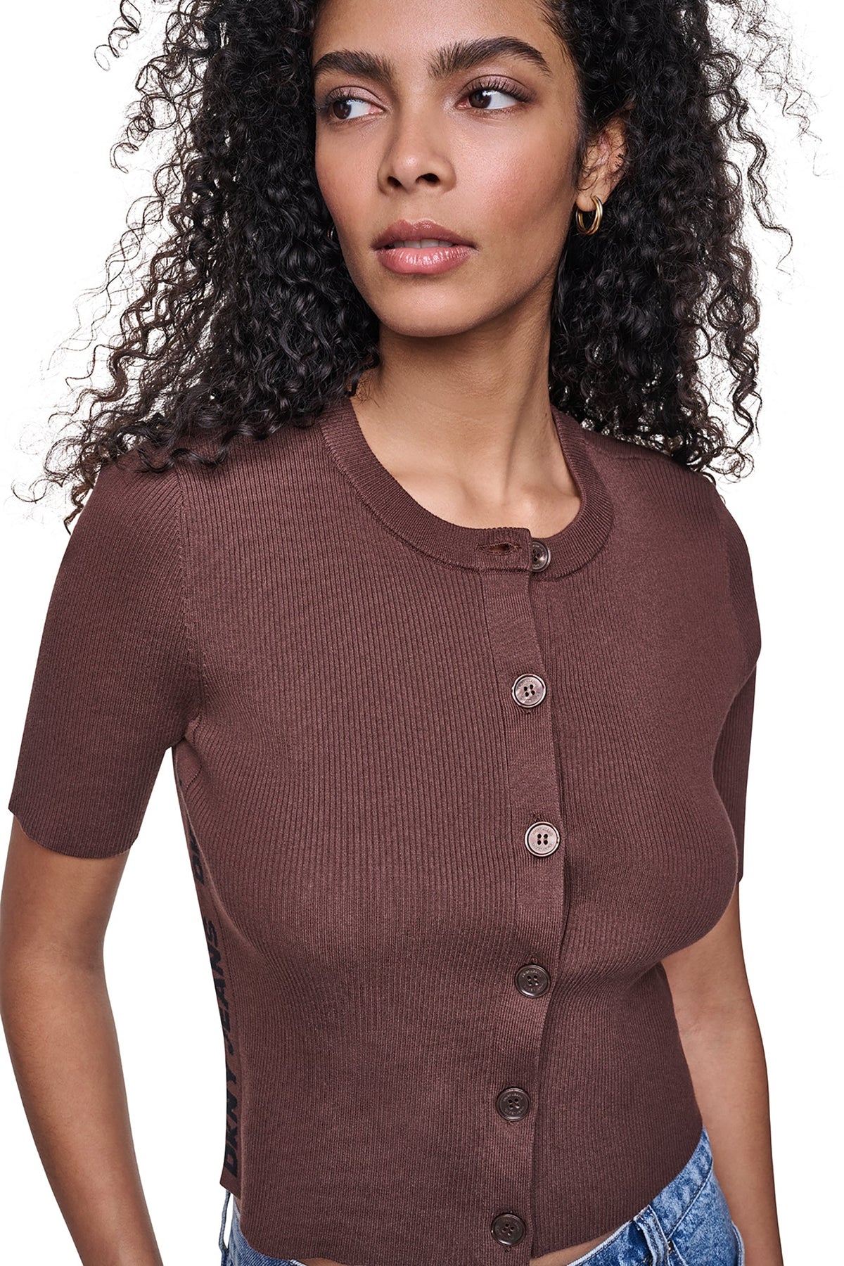 Chestnut/Black DKNY LOGO BUTTON CARDIGAN