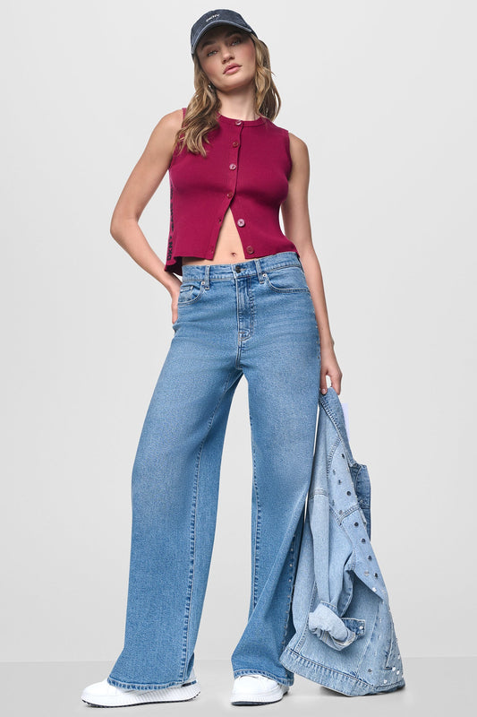 Beet/Black DKNY CROPPED SLEEVELESS LOGO TRIM SWEATER