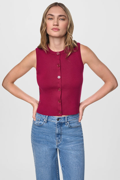 Beet/Black DKNY CROPPED SLEEVELESS LOGO TRIM SWEATER