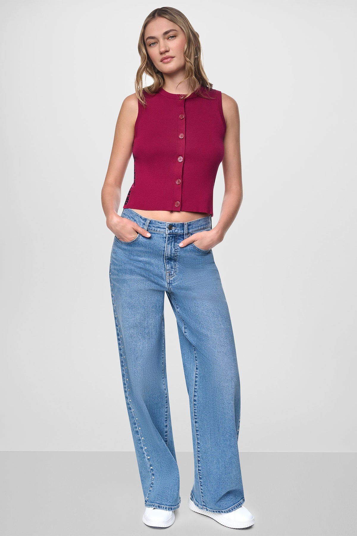 Beet/Black DKNY CROPPED SLEEVELESS LOGO TRIM SWEATER