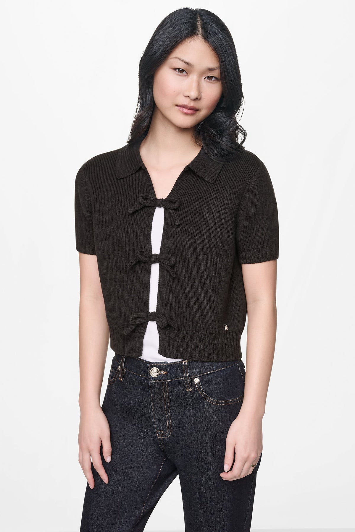 Black DKNY SHORT SLEEVE TIE FRONT POLO SWEATER