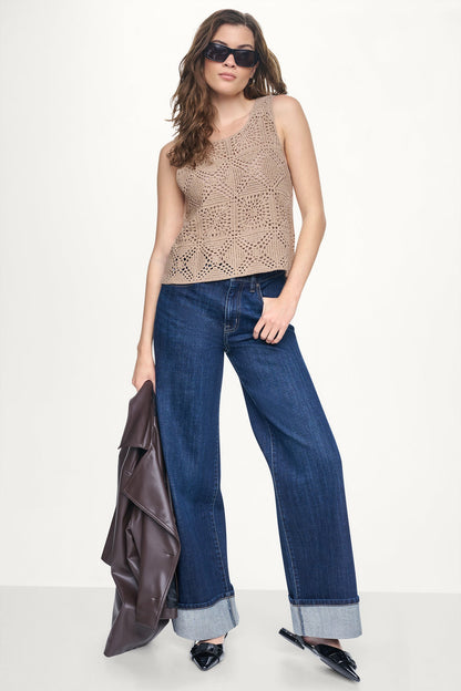Travertine DKNY SLEEVELESS CROCHET SQUARE SWEATER