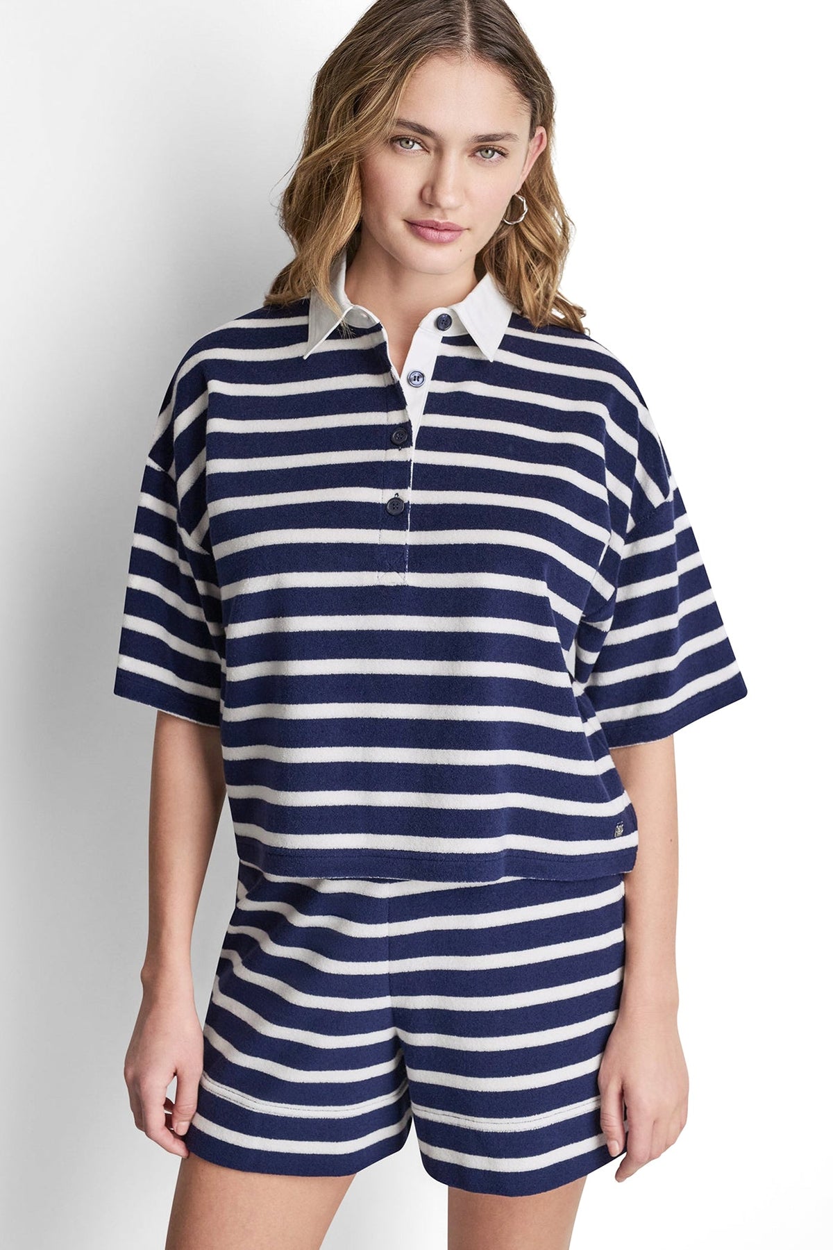 Peacoat/Eggnog DKNY TOWELLING TERRY STRIPE BOXY POLO