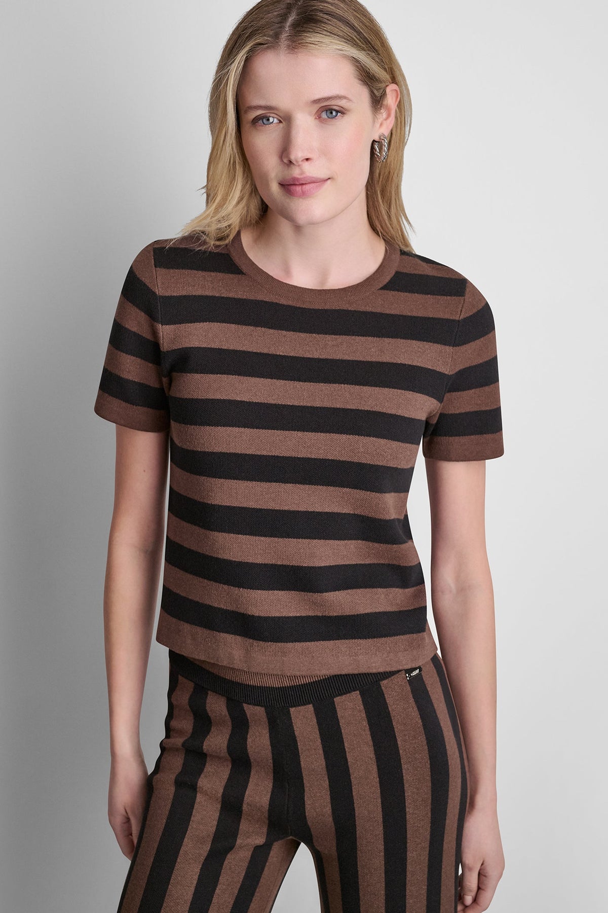 Chestnut/Black DKNY SHORT SLEEVE STRIPE SWEATER