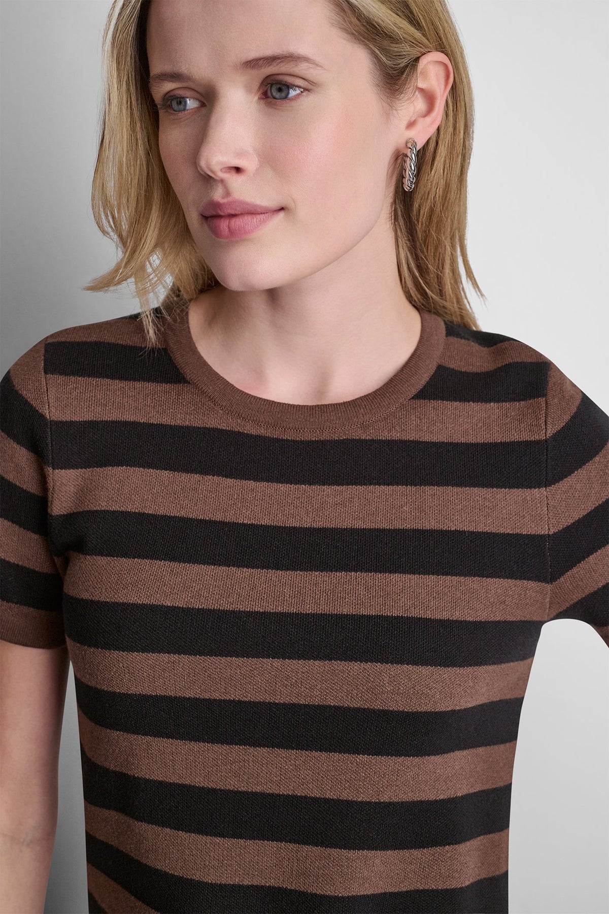 Chestnut/Black DKNY SHORT SLEEVE STRIPE SWEATER