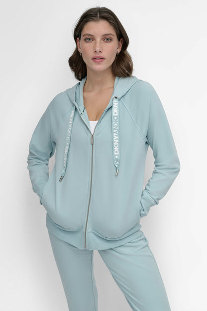 Pearl Grey Heather DKNY TWO-TONE LOGO DRAWSTRING HOODIE