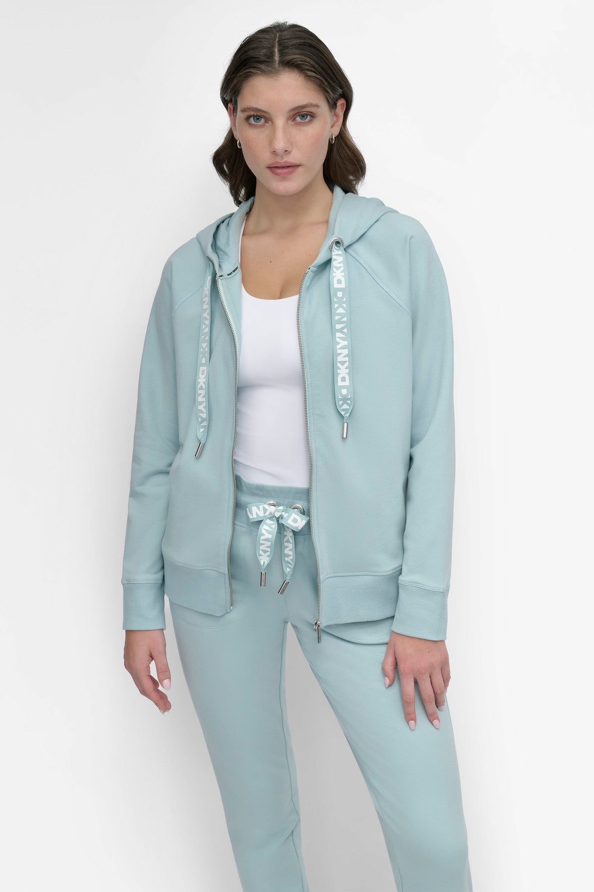 Pearl Grey Heather DKNY TWO-TONE LOGO DRAWSTRING HOODIE
