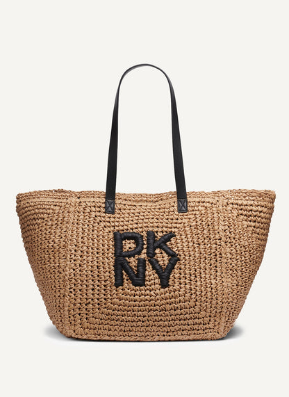 Natural/Black DKNY PALOMA CROCHET STRAW LOGO TOTE