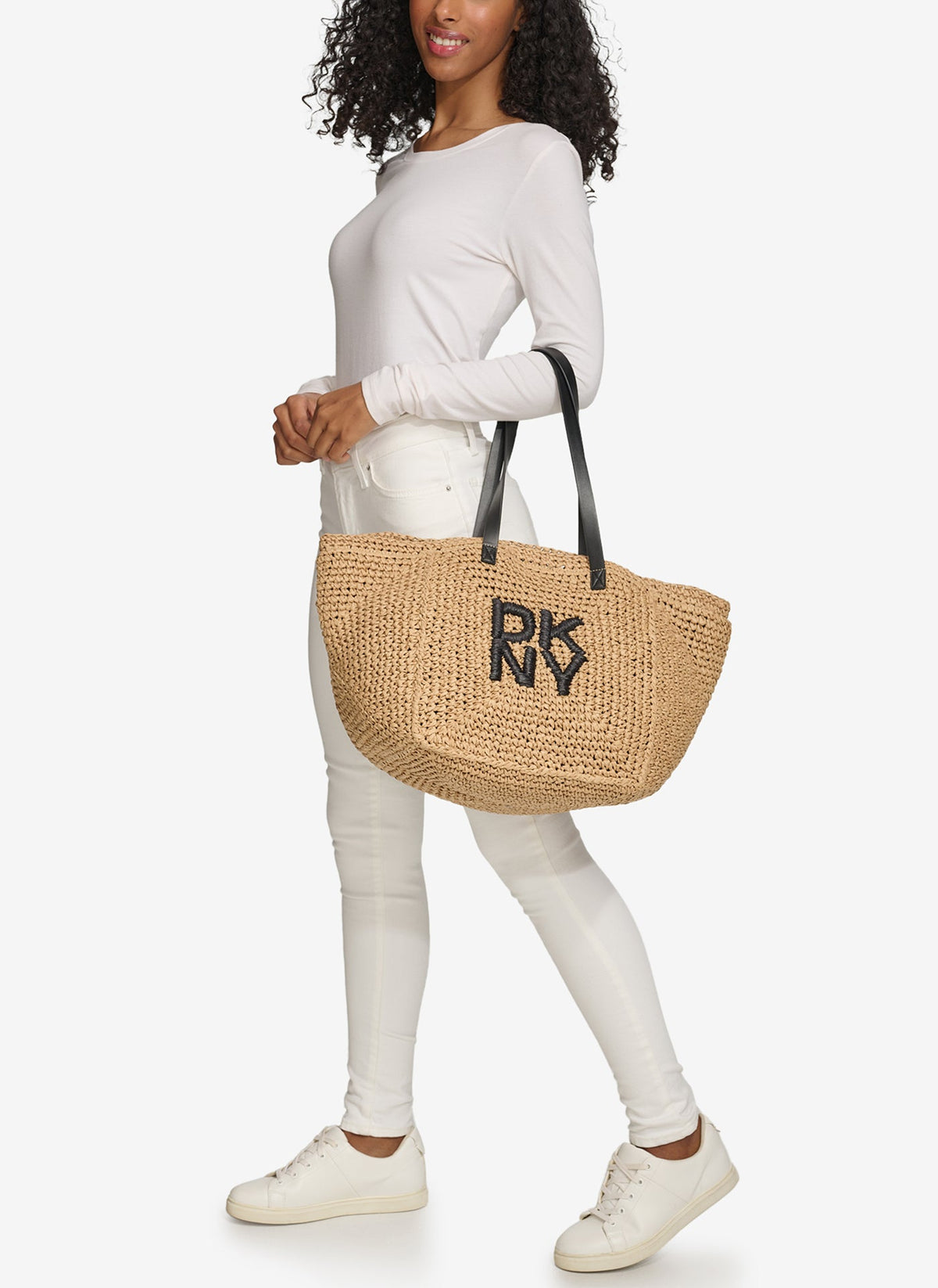 Natural/Black DKNY PALOMA CROCHET STRAW LOGO TOTE