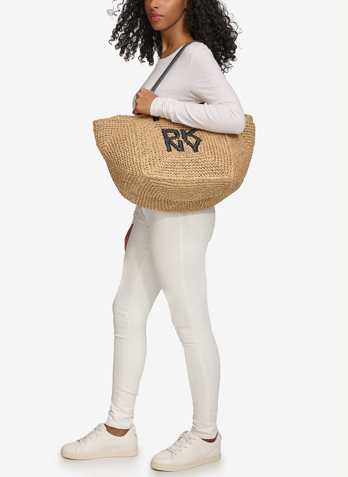 Natural/Black DKNY PALOMA CROCHET STRAW LOGO TOTE