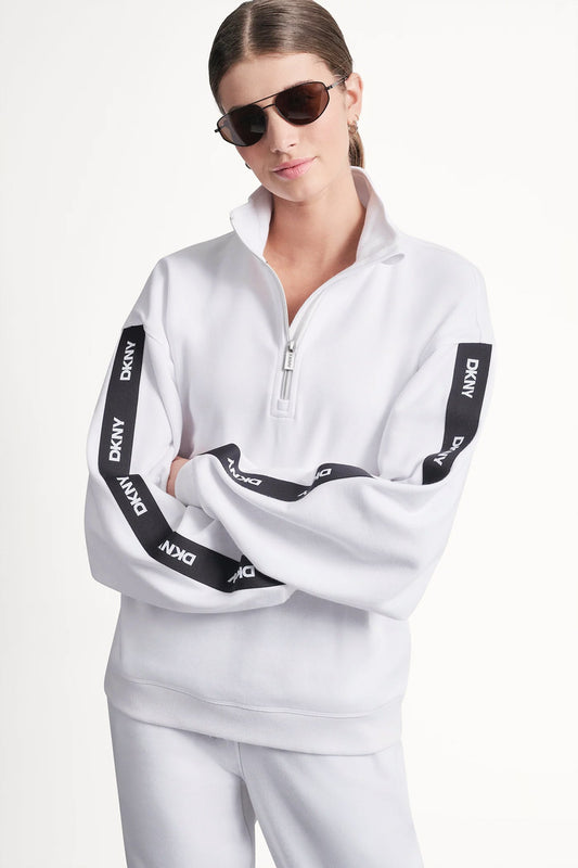 White DKNY LOGO QUARTER-ZIP SWEATSHIRT