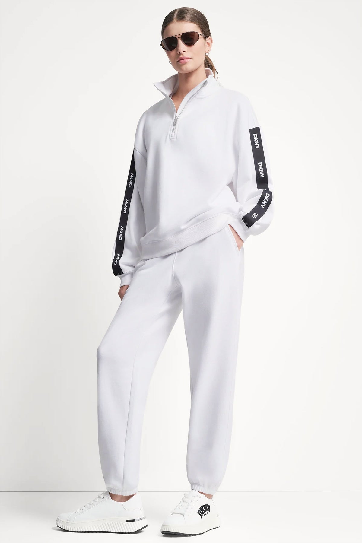 White DKNY LOGO QUARTER-ZIP SWEATSHIRT