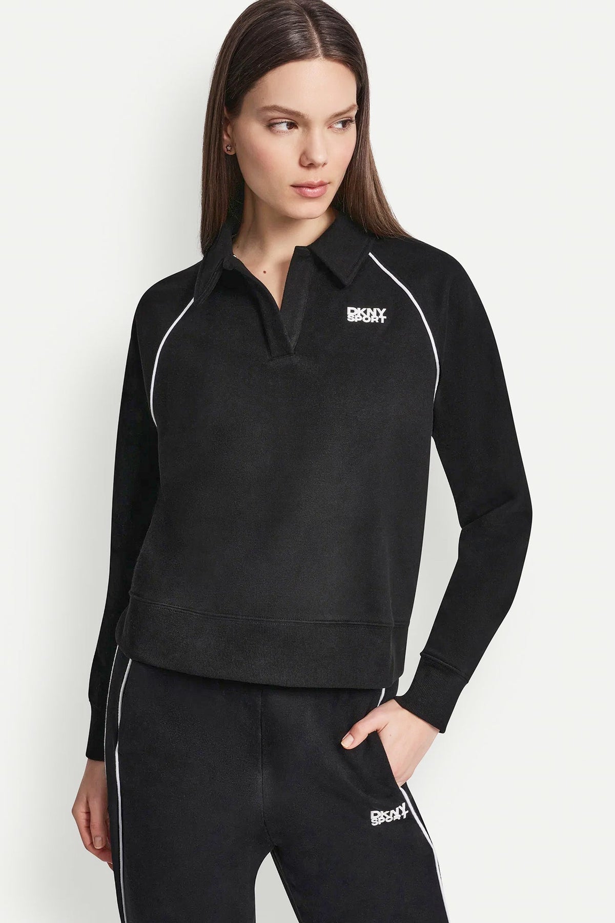 Black/White DKNY PIPED LOGO POLO SWEATSHIRT