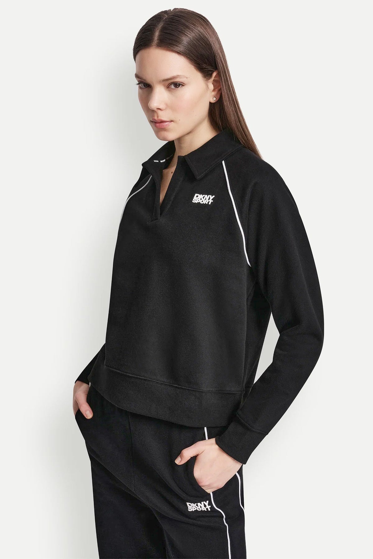 Black/White DKNY PIPED LOGO POLO SWEATSHIRT