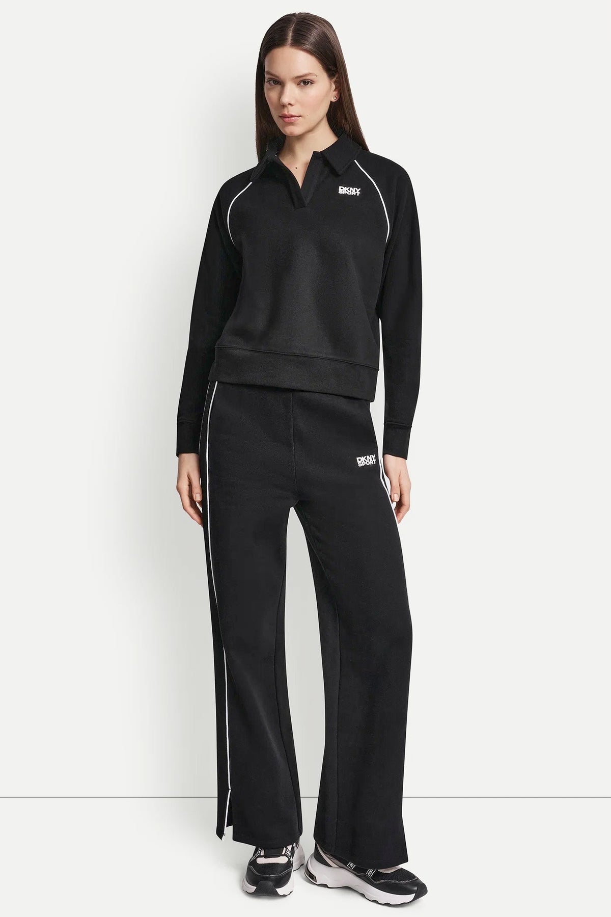Black/White DKNY PIPED LOGO POLO SWEATSHIRT